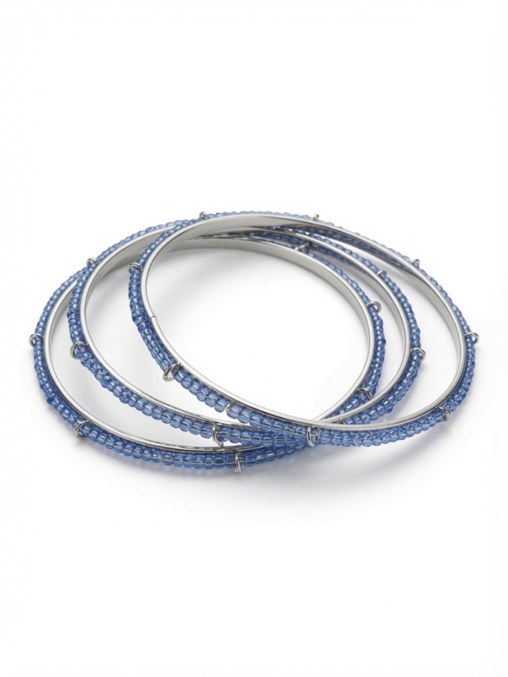 Silver-Tone & Blue Beaded Bangle Set – 3 Pieces